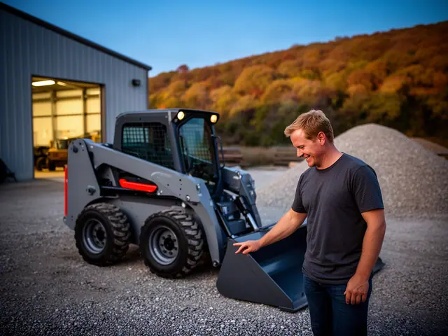A man with short sandy hair beside new equipment in a small site-grading and excavation company.