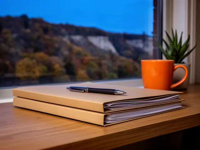 A neat stack of closed manila folders and a pen on a desk by a window.