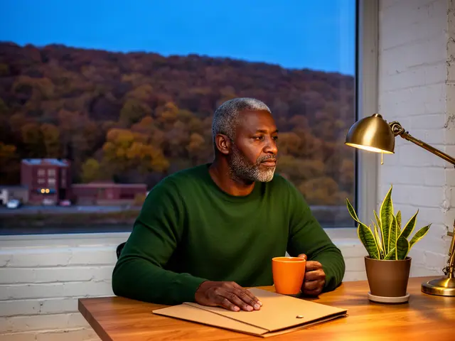 A man with short graying hair at a desk with a folder and a mug in a small back office.