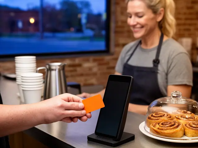 A customer taps a card on a counter terminal at a small coffee counter.