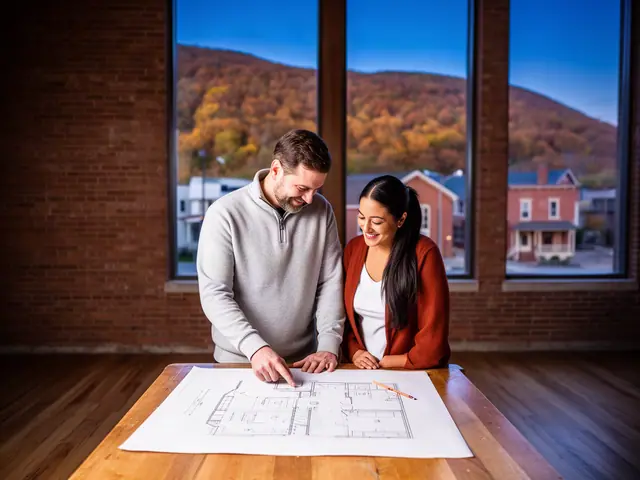 Two business partners looking over a pencil floor sketch in an empty storefront.