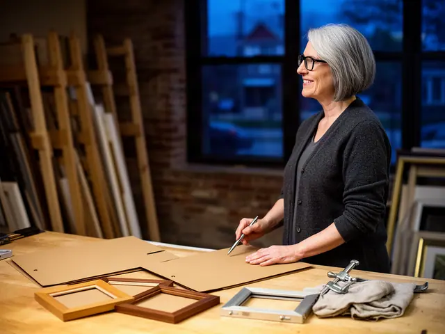 A woman with a short gray bob and black-framed glasses at a work table with a closed folder in a small picture-framing workshop.